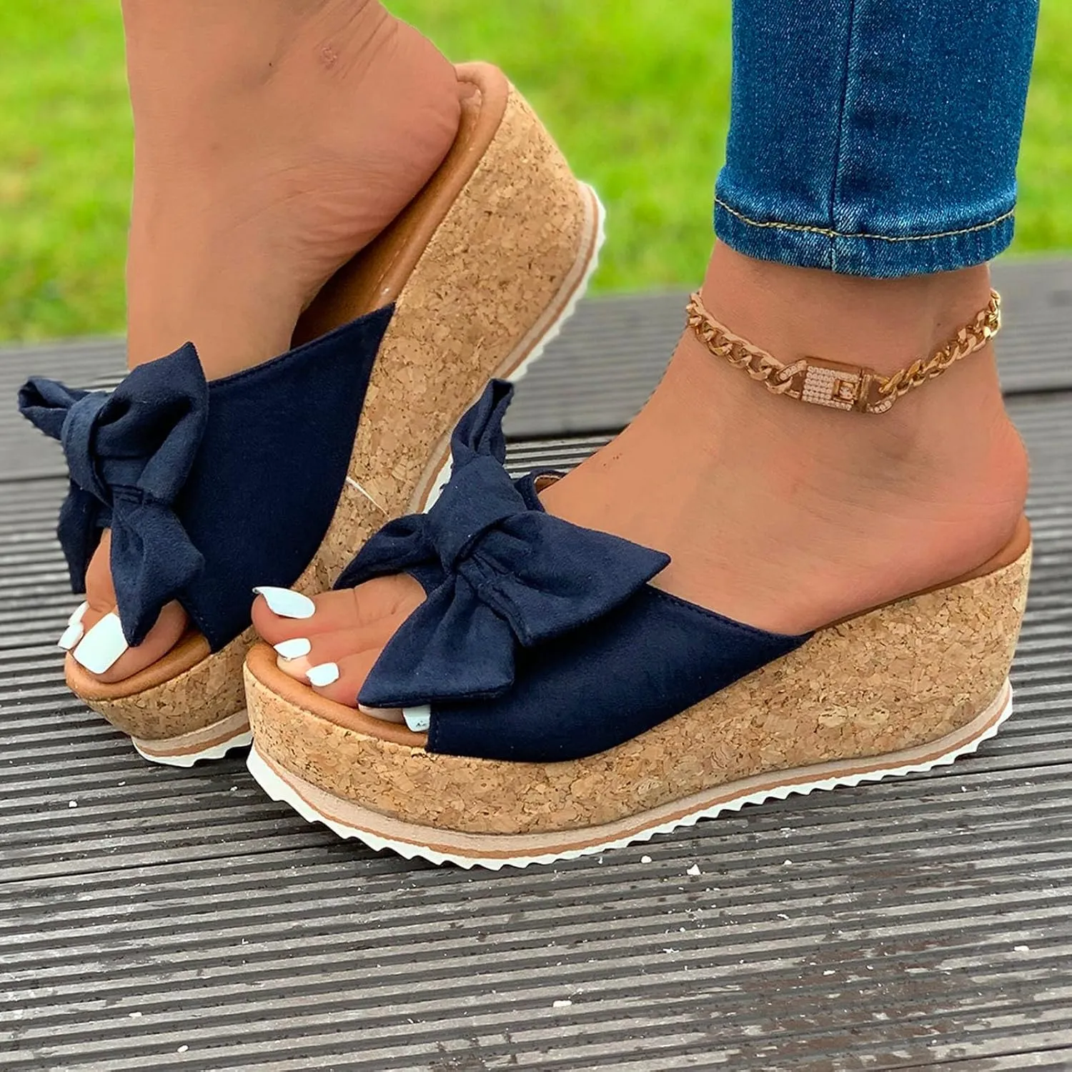 Womens Espadrilles Wedge Sandals Slip On Bow Tie Open Toe Slides Shoes Summer Fashion Slippers Sandals