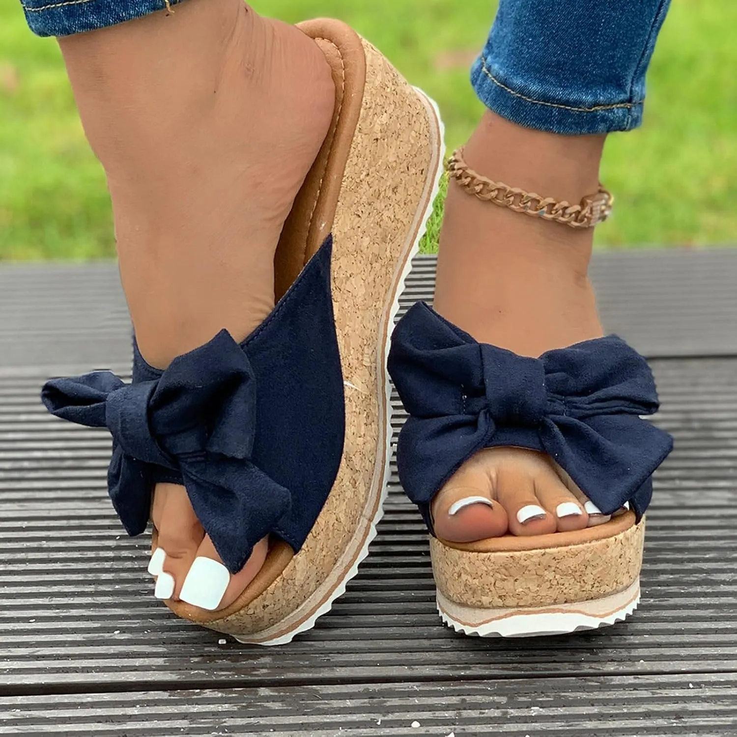 Womens Espadrilles Wedge Sandals Slip On Bow Tie Open Toe Slides Shoes Summer Fashion Slippers Sandals