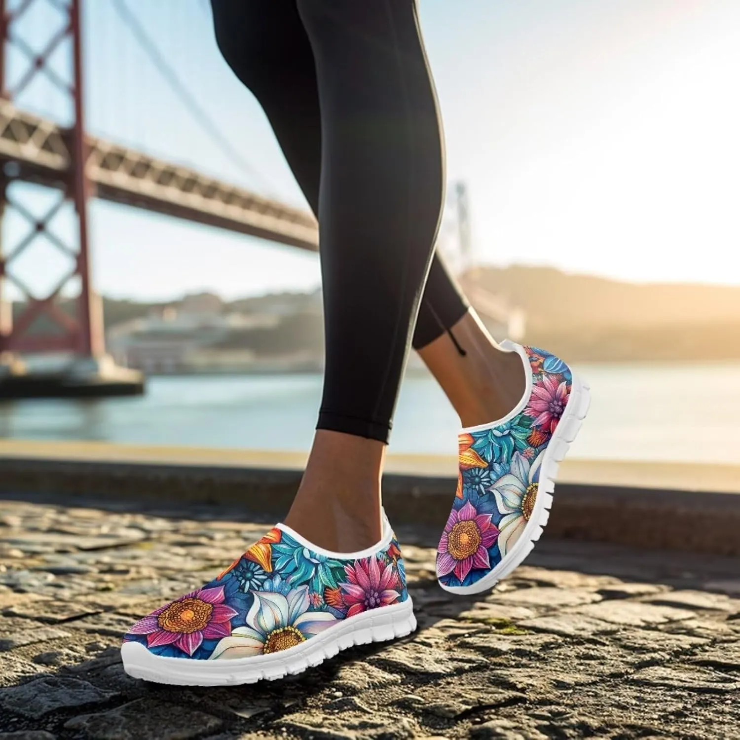 Women's Fashion Sneakers Lightweight Walking Casual Slip Ons Comfortable Flower Print Athletic Travel Shoes