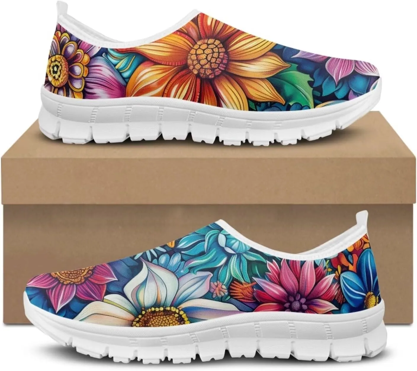 Women's Fashion Sneakers Lightweight Walking Casual Slip Ons Comfortable Flower Print Athletic Travel Shoes
