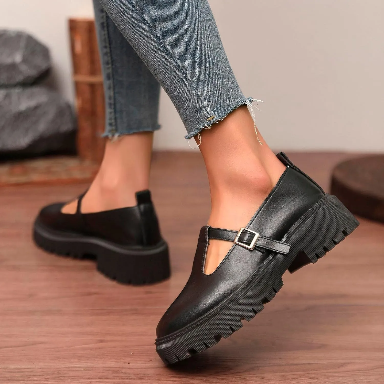 Women's Fashion Solid Color Thick Soled Leather Casual Shoes Temperament Comfortable Slip On Shoes Platform Wedge Sandal