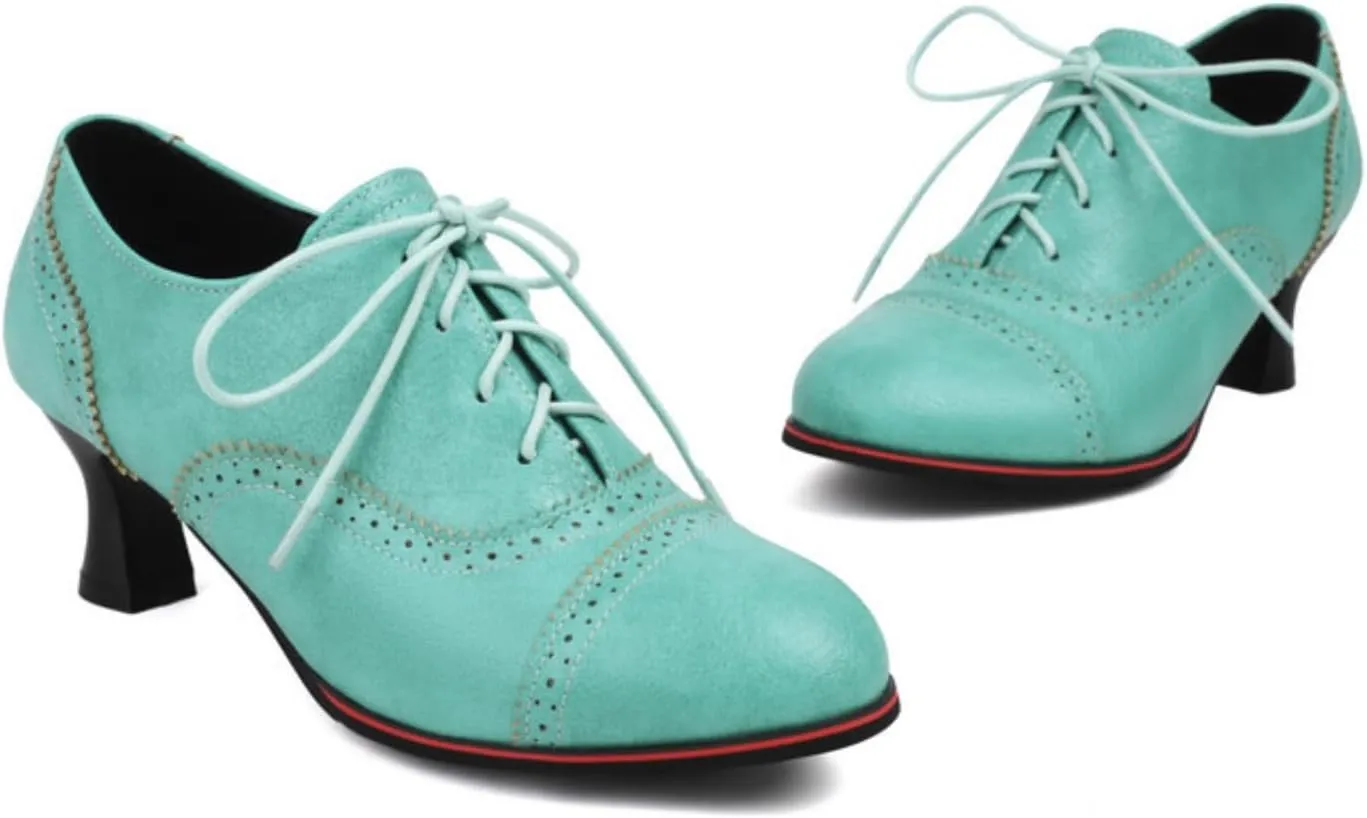 Women's Kitten Low Heel Oxfords Shoes Fashion Round Toe Lace Up Vintage Brogues Comfortable Wingtip High Heel Dress Pumps