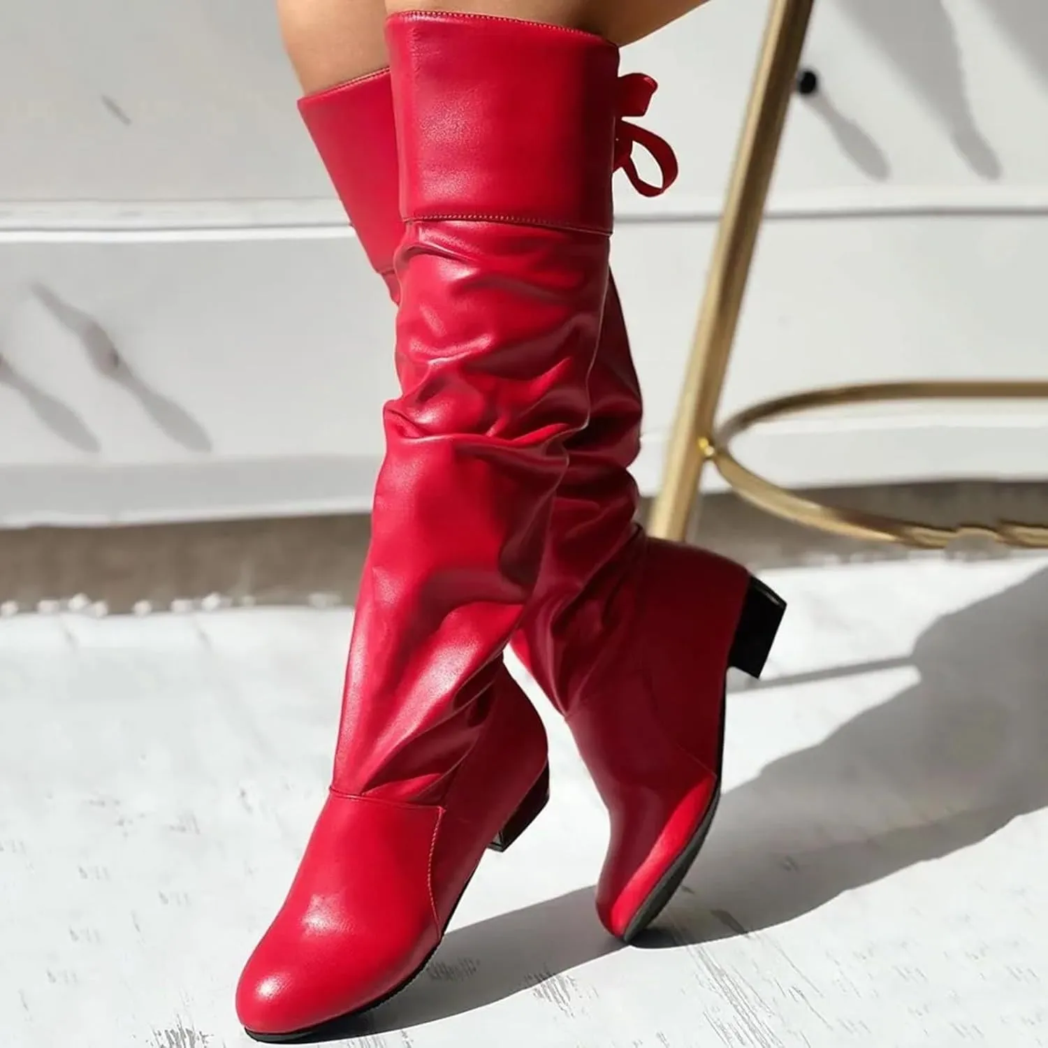 Womens Knee High Boots Wide Calf,Casual Pull On Tall Boots with Zip Slouchy Strap Riding Boots Leather Low Heel Boots