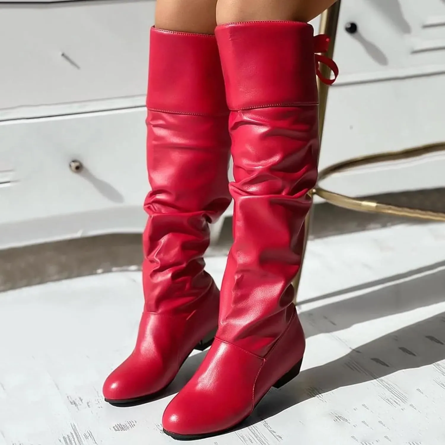Womens Knee High Boots Wide Calf,Casual Pull On Tall Boots with Zip Slouchy Strap Riding Boots Leather Low Heel Boots