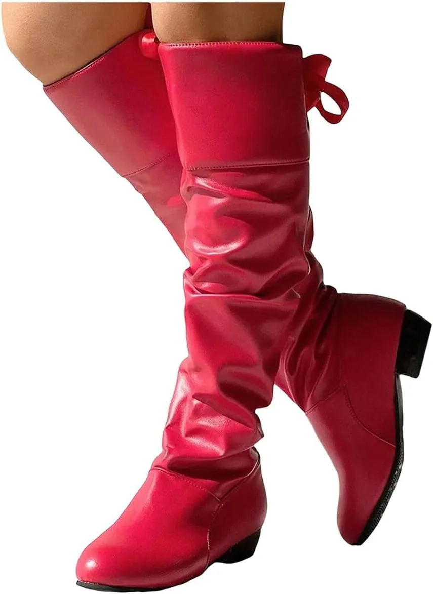 Womens Knee High Boots Wide Calf,Casual Pull On Tall Boots with Zip Slouchy Strap Riding Boots Leather Low Heel Boots