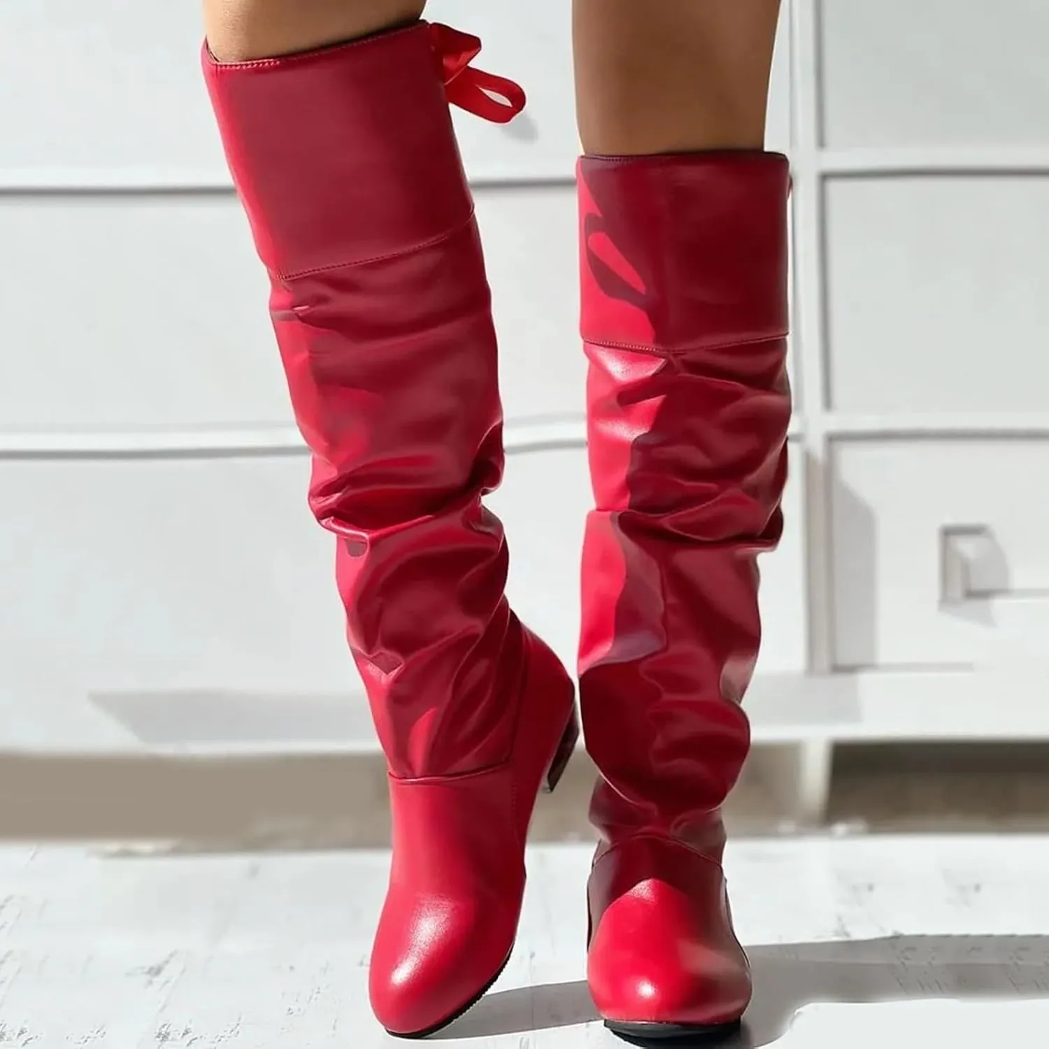 Womens Knee High Boots Wide Calf,Casual Pull On Tall Boots with Zip Slouchy Strap Riding Boots Leather Low Heel Boots