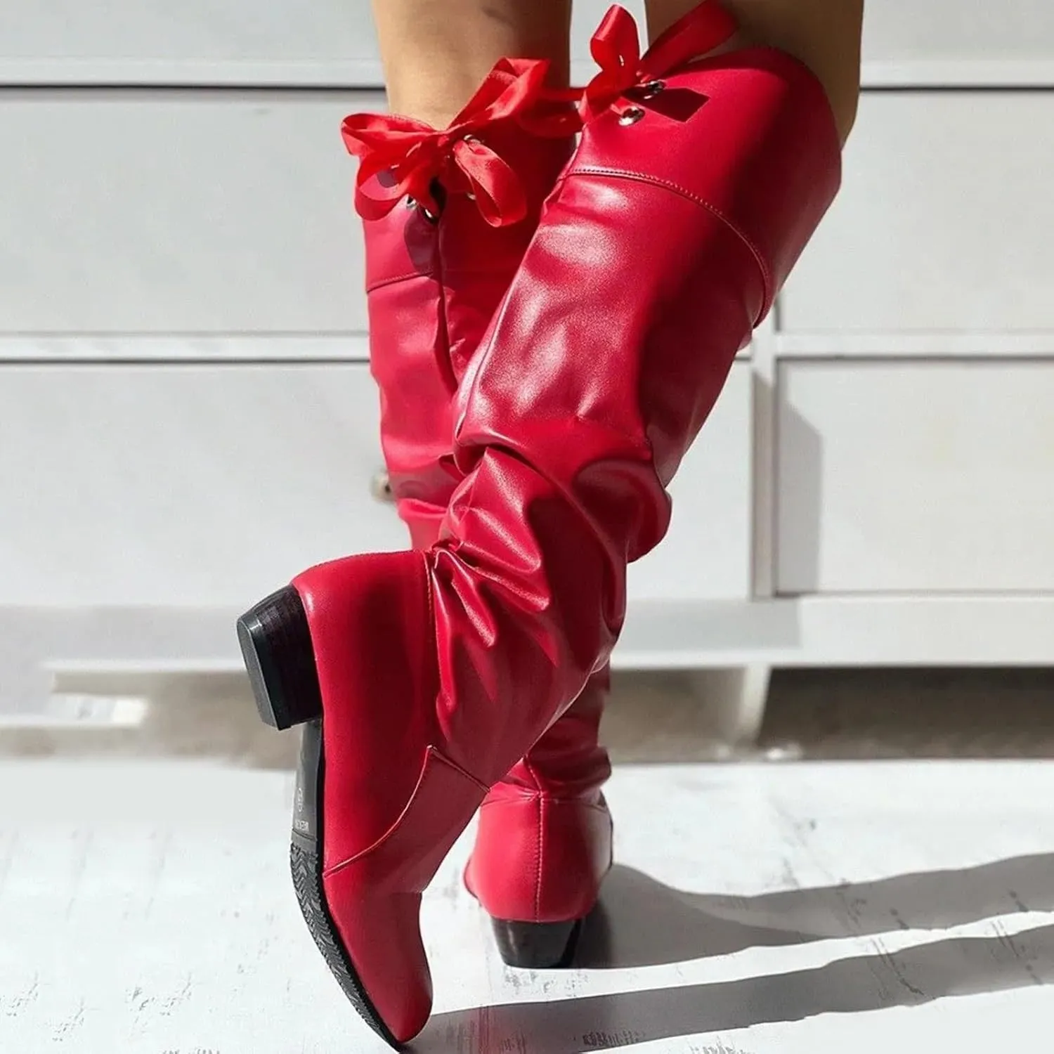 Womens Knee High Boots Wide Calf,Casual Pull On Tall Boots with Zip Slouchy Strap Riding Boots Leather Low Heel Boots