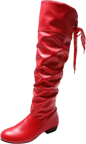 Womens Knee High Boots Wide Calf,Casual Pull On Tall Boots with Zip Slouchy Strap Riding Boots Leather Low Heel Boots