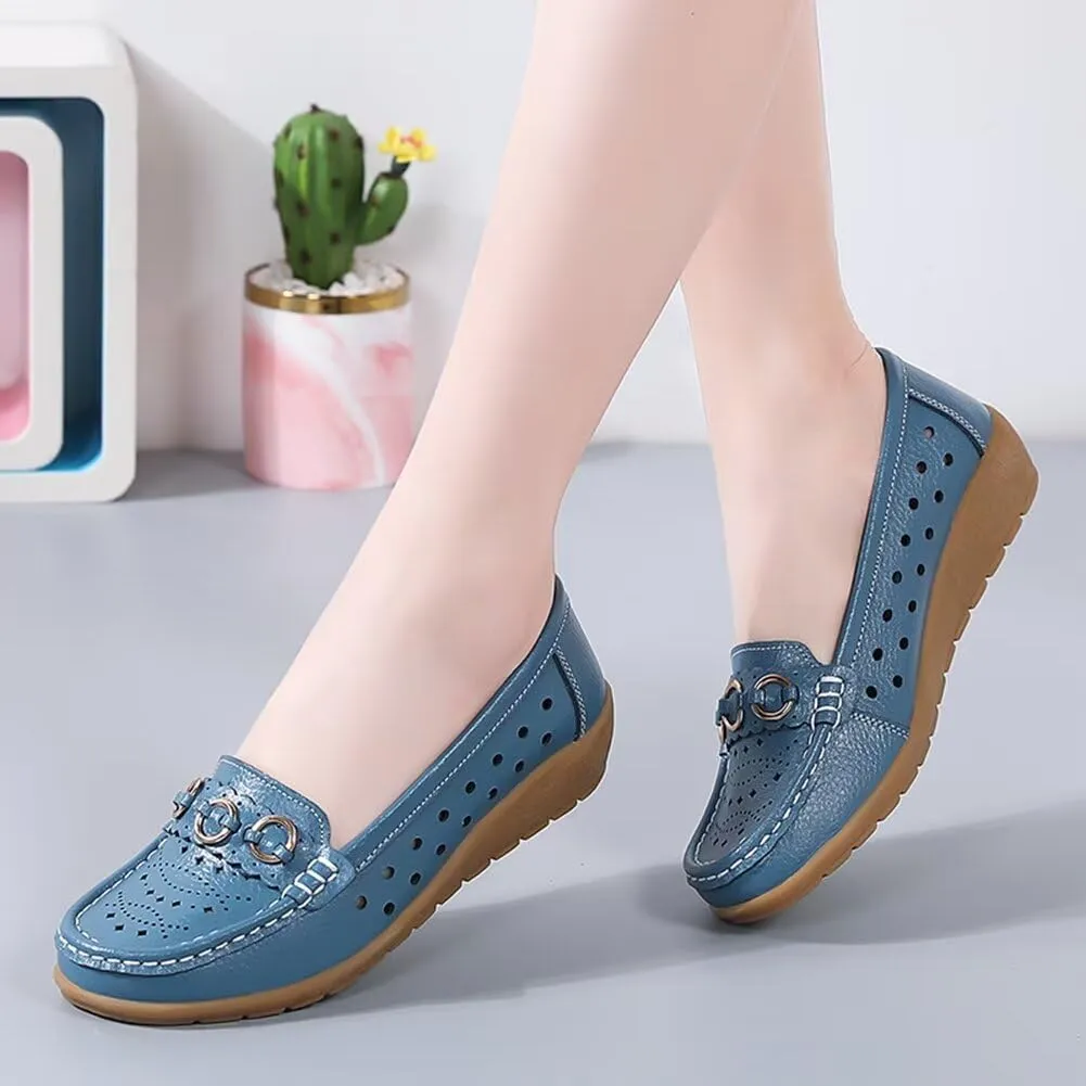 Women's Leather Wedge Moccasins Pumps Boat Shoes Casual Breathable Cushion Driving Slip-Ons
