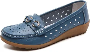 Women's Leather Wedge Moccasins Pumps Boat Shoes Casual Breathable Cushion Driving Slip-Ons