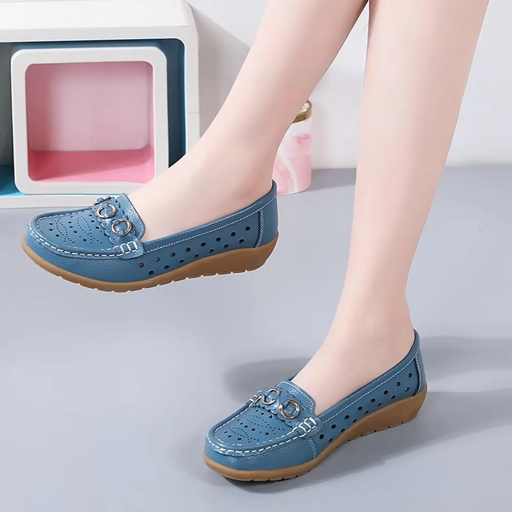Women's Leather Wedge Moccasins Pumps Boat Shoes Casual Breathable Cushion Driving Slip-Ons