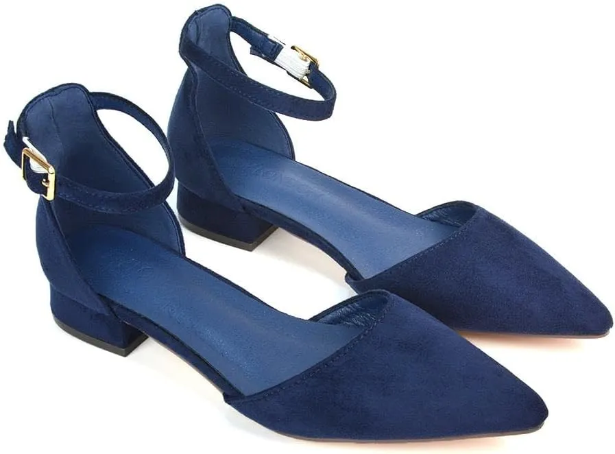Women's Low Heel Point Toe Ankle Strap Court Shoes Ladies Wedding Dress Flat Pumps Size 5-10