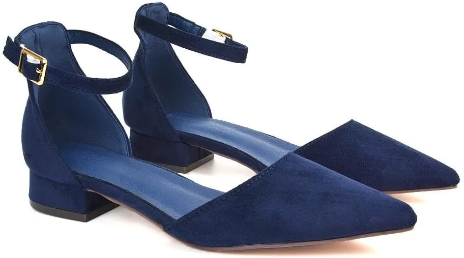 Women's Low Heel Point Toe Ankle Strap Court Shoes Ladies Wedding Dress Flat Pumps Size 5-10