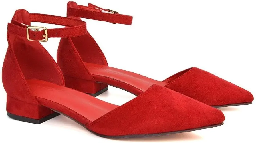 Women's Low Heel Point Toe Ankle Strap Court Shoes Ladies Wedding Dress Flat Pumps Size 5-10