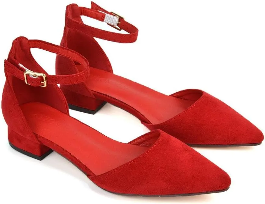 Women's Low Heel Point Toe Ankle Strap Court Shoes Ladies Wedding Dress Flat Pumps Size 5-10