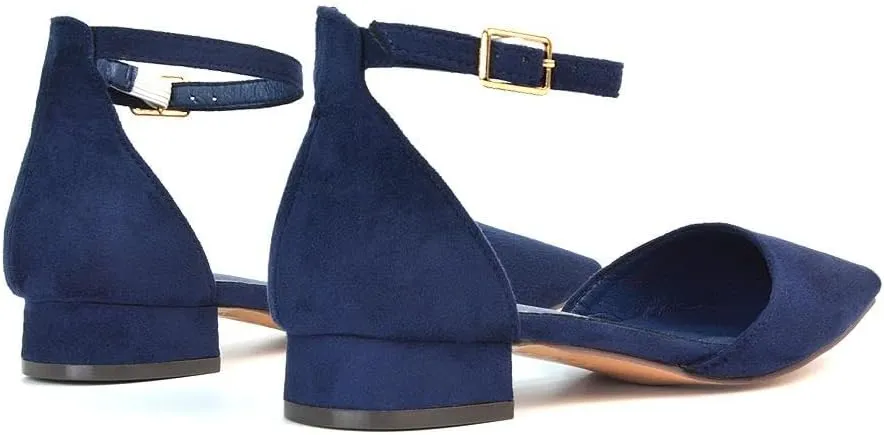 Women's Low Heel Point Toe Ankle Strap Court Shoes Ladies Wedding Dress Flat Pumps Size 5-10