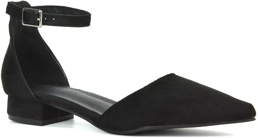 Women's Low Heel Point Toe Ankle Strap Court Shoes Ladies Wedding Dress Flat Pumps Size 5-10