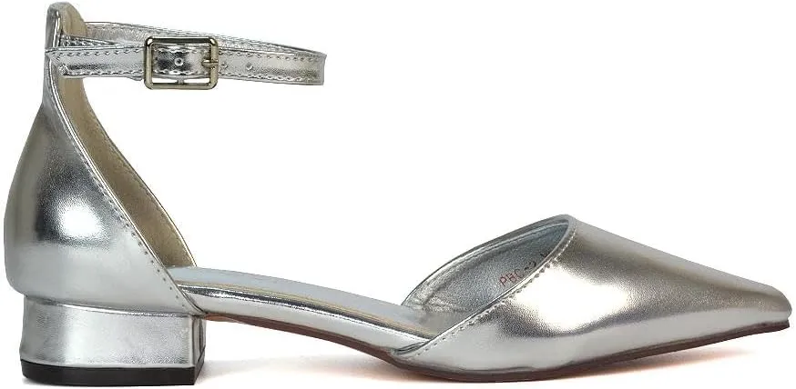 Women's Low Heel Point Toe Ankle Strap Court Shoes Ladies Wedding Dress Flat Pumps Size 5-10