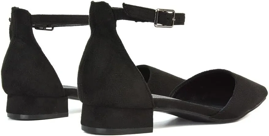 Women's Low Heel Point Toe Ankle Strap Court Shoes Ladies Wedding Dress Flat Pumps Size 5-10