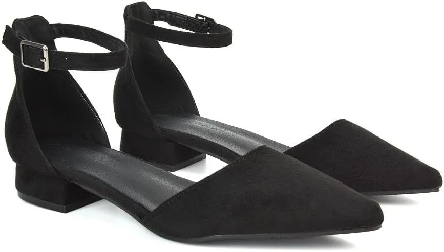 Women's Low Heel Point Toe Ankle Strap Court Shoes Ladies Wedding Dress Flat Pumps Size 5-10