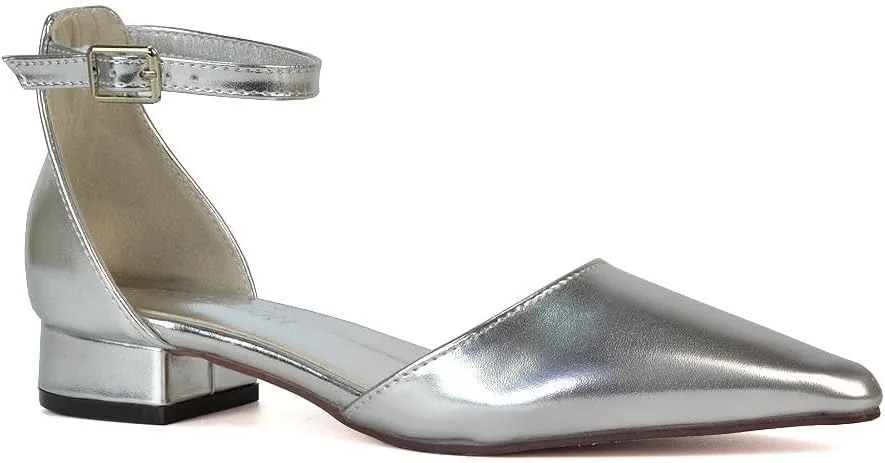 Women's Low Heel Point Toe Ankle Strap Court Shoes Ladies Wedding Dress Flat Pumps Size 5-10