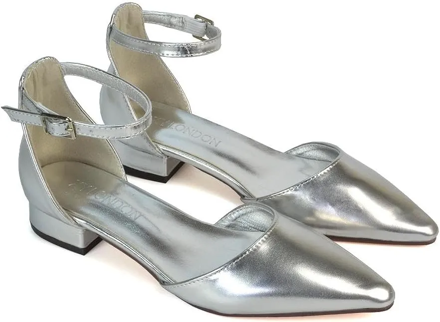 Women's Low Heel Point Toe Ankle Strap Court Shoes Ladies Wedding Dress Flat Pumps Size 5-10