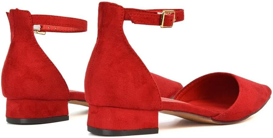 Women's Low Heel Point Toe Ankle Strap Court Shoes Ladies Wedding Dress Flat Pumps Size 5-10