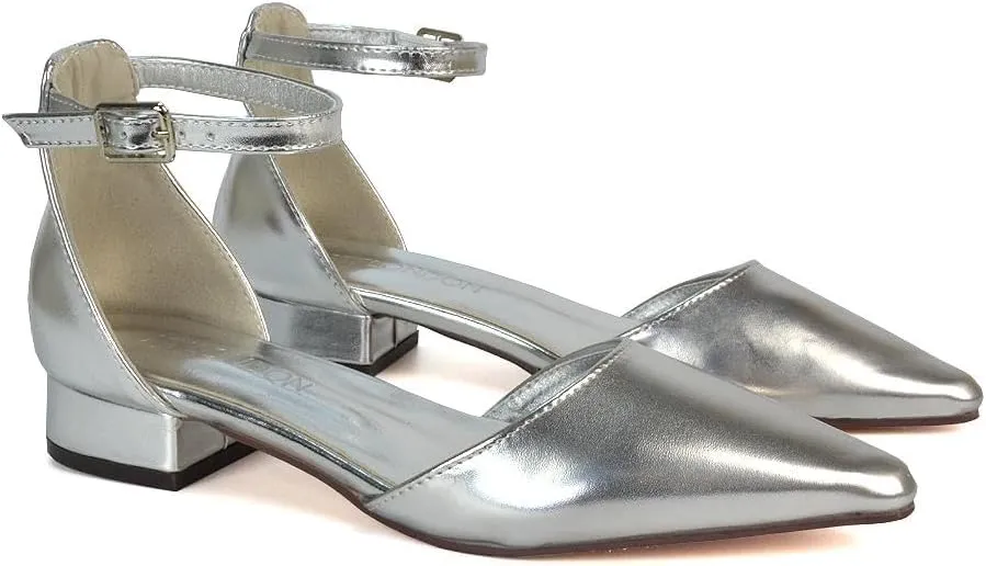 Women's Low Heel Point Toe Ankle Strap Court Shoes Ladies Wedding Dress Flat Pumps Size 5-10