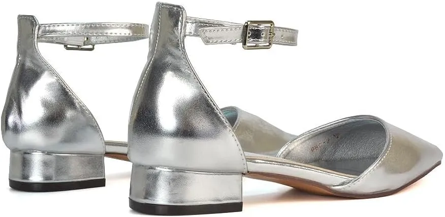 Women's Low Heel Point Toe Ankle Strap Court Shoes Ladies Wedding Dress Flat Pumps Size 5-10