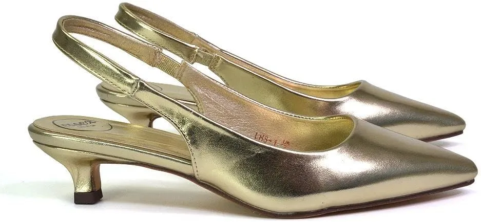 Womens Low Kitten Heel Shoes Ladies Slingback Sandals Pointed Toe Party Bridal Evening Pumps Size 5-10