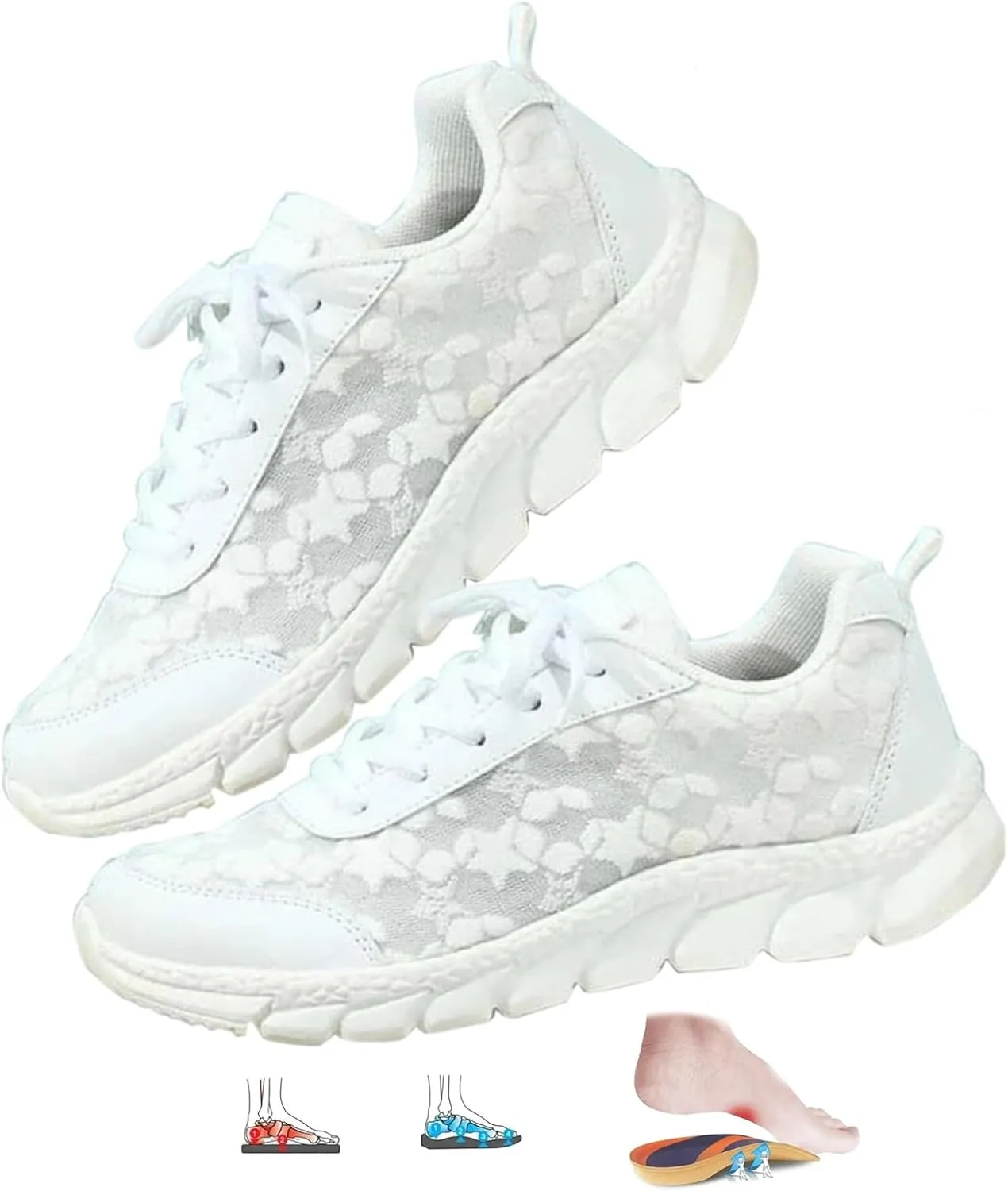 Women's Luxurious Orthopedic Sneakers, Breathable Mesh Anti-Slip Go Walk Shoes for Women Fashion White Lace Print Lace-Up Trainer Sandals