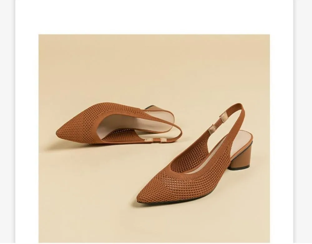 Womens Mesh Heels Closed Pointed Toe Pumps, Fishnet Chunky Low Heel Pumps Slingback for Women Knitted Comfortable Breathable Dress Shoes