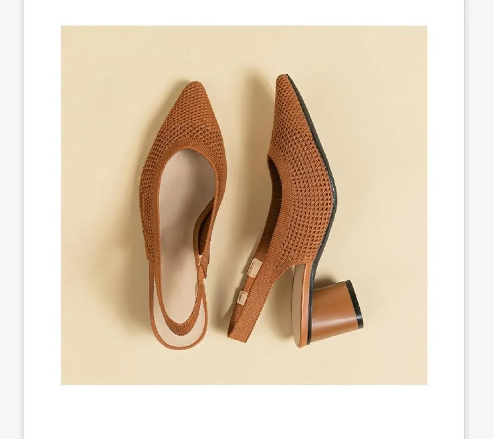Womens Mesh Heels Closed Pointed Toe Pumps, Fishnet Chunky Low Heel Pumps Slingback for Women Knitted Comfortable Breathable Dress Shoes