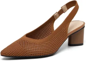 Womens Mesh Heels Closed Pointed Toe Pumps, Fishnet Chunky Low Heel Pumps Slingback for Women Knitted Comfortable Breathable Dress Shoes