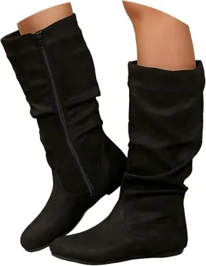 Womens Mid Calf Boots Wid Calf Side Zipper Wedge Flat Heel Comfort Casual Boots Pull On Booties Cowboy Fall Boots