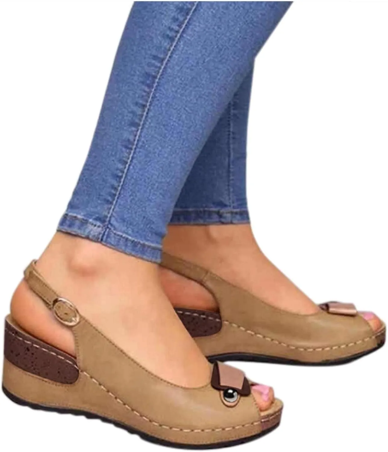 Women's Peep Toe Wedge Sandals Trendy Slip on Platform Outdoor Ankle Strap Sandal Summer Beach Shoes