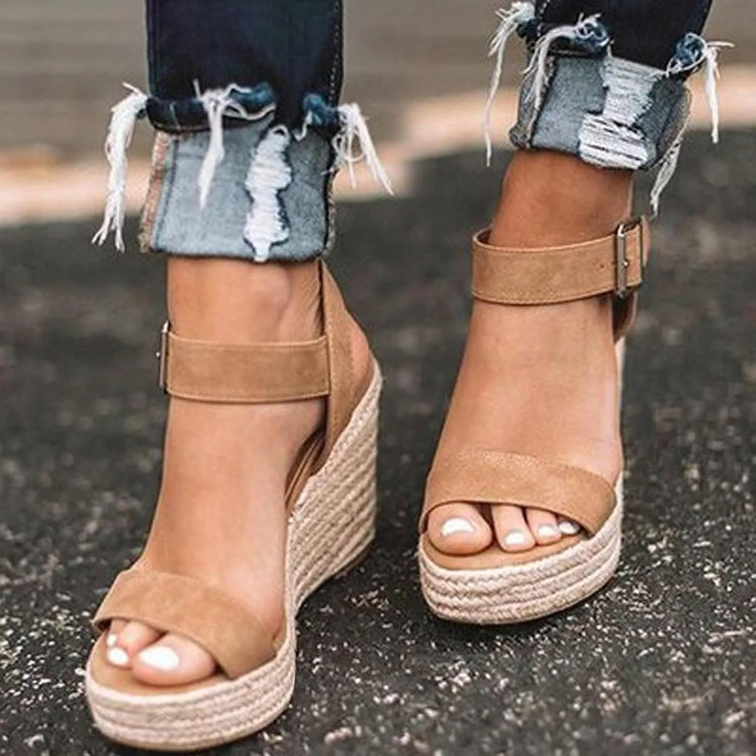 Women's Platform Sandals Open Toe Espadrilles Summer Dressy Slip on Ankle Strap Buckle Wedges Sandals