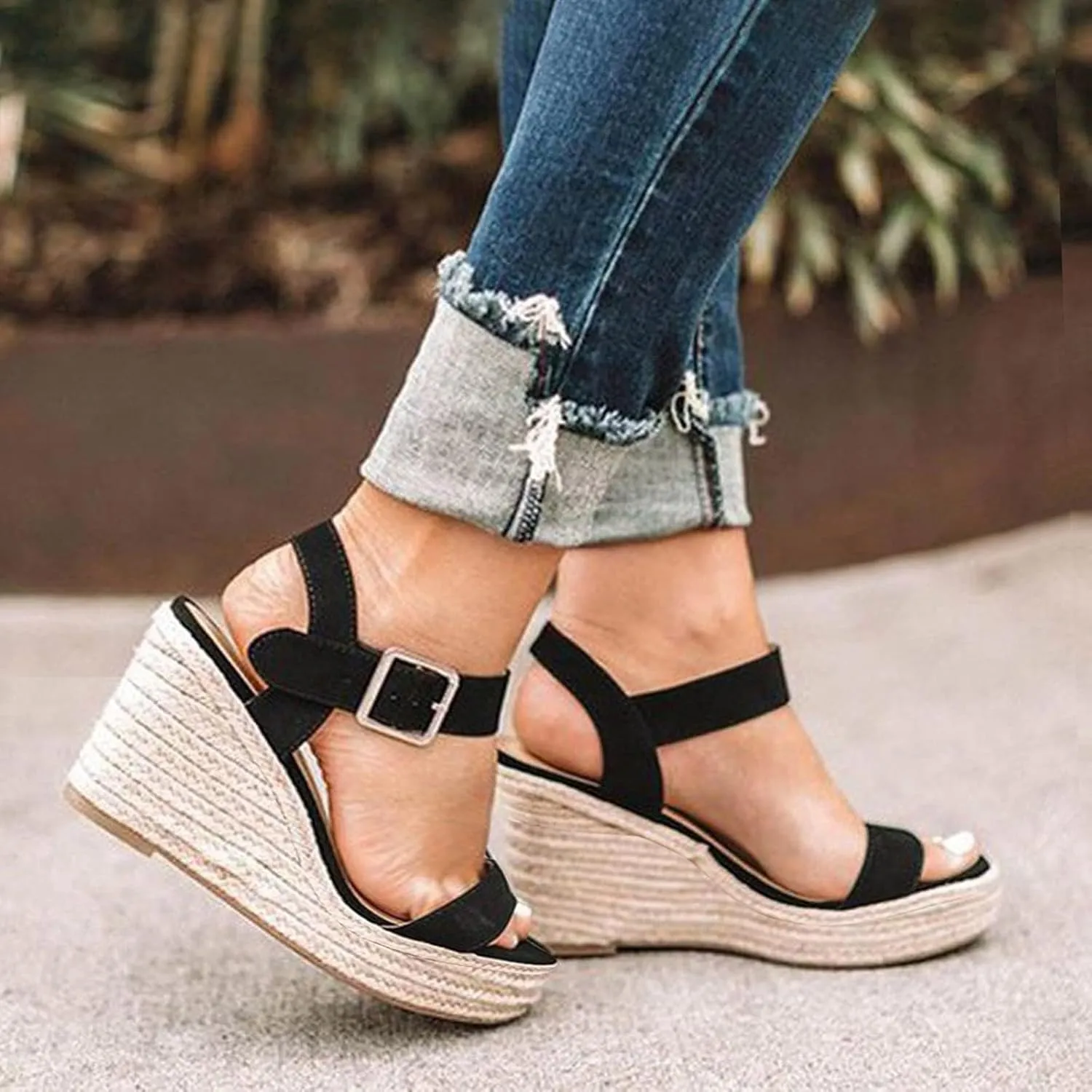 Women's Platform Sandals Open Toe Espadrilles Summer Dressy Slip on Ankle Strap Buckle Wedges Sandals
