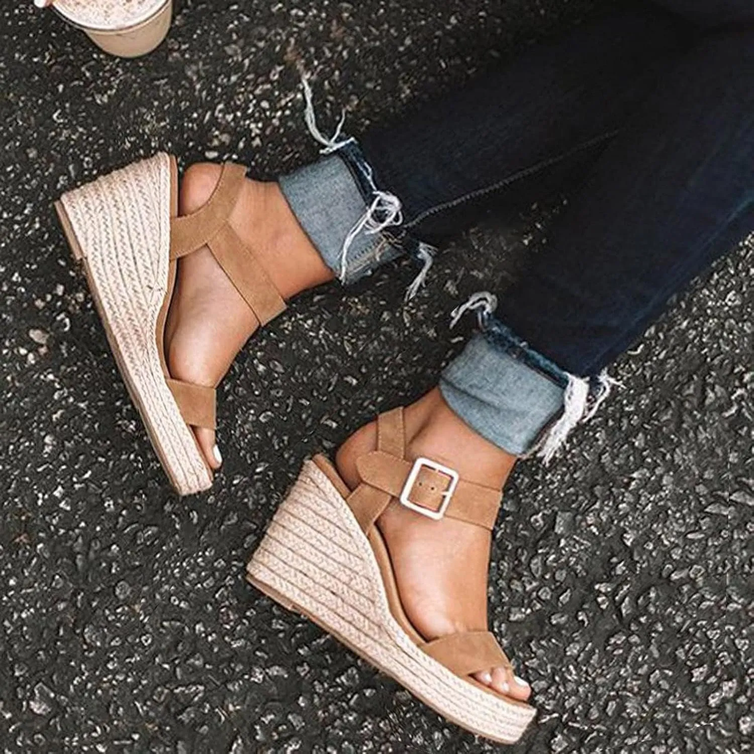 Women's Platform Sandals Open Toe Espadrilles Summer Dressy Slip on Ankle Strap Buckle Wedges Sandals