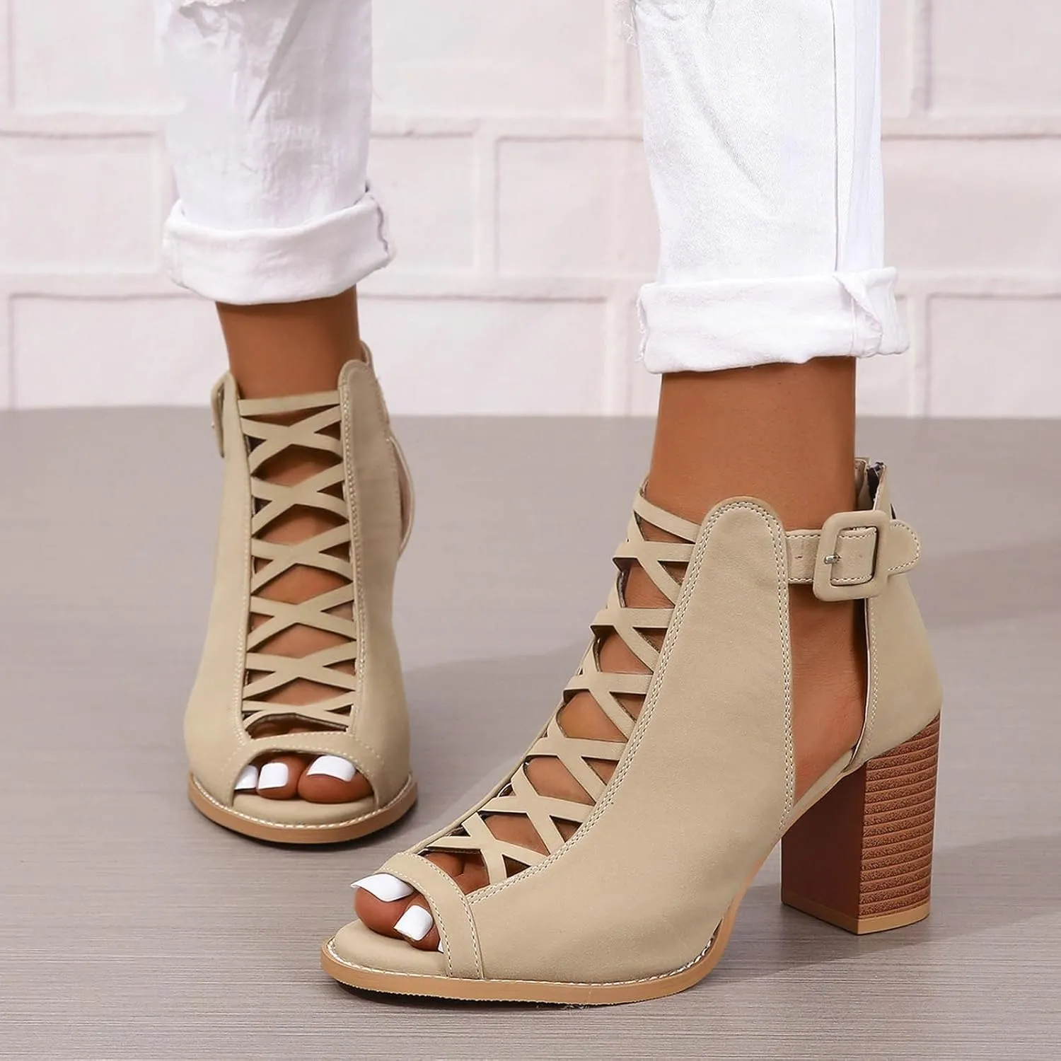Womens Sandals Dressy Open Toe Lace-Up Womens Heels Block Heels For Women Low Heeled Sandals Summer Dress Shoes