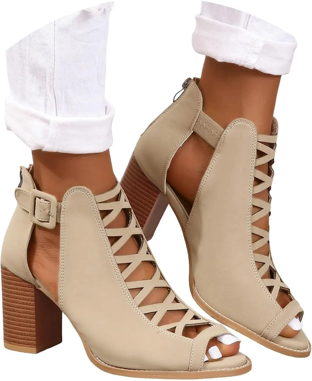 Womens Sandals Dressy Open Toe Lace-Up Womens Heels Block Heels For Women Low Heeled Sandals Summer Dress Shoes