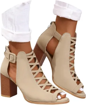 Womens Sandals Dressy Open Toe Lace-Up Womens Heels Block Heels For Women Low Heeled Sandals Summer Dress Shoes