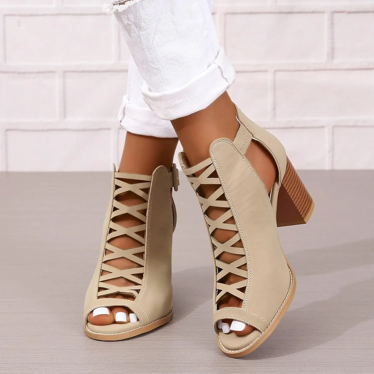 Womens Sandals Dressy Open Toe Lace-Up Womens Heels Block Heels For Women Low Heeled Sandals Summer Dress Shoes