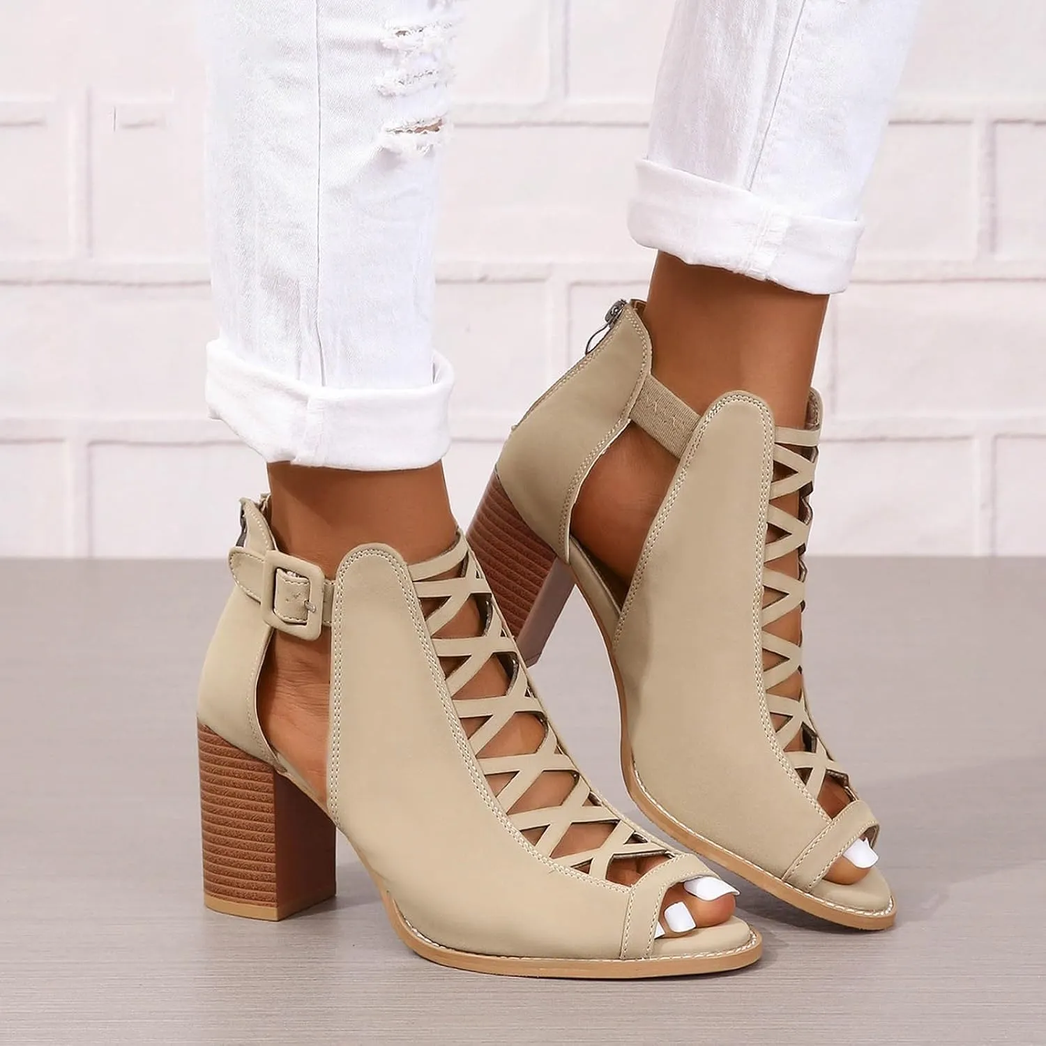 Womens Sandals Dressy Open Toe Lace-Up Womens Heels Block Heels For Women Low Heeled Sandals Summer Dress Shoes