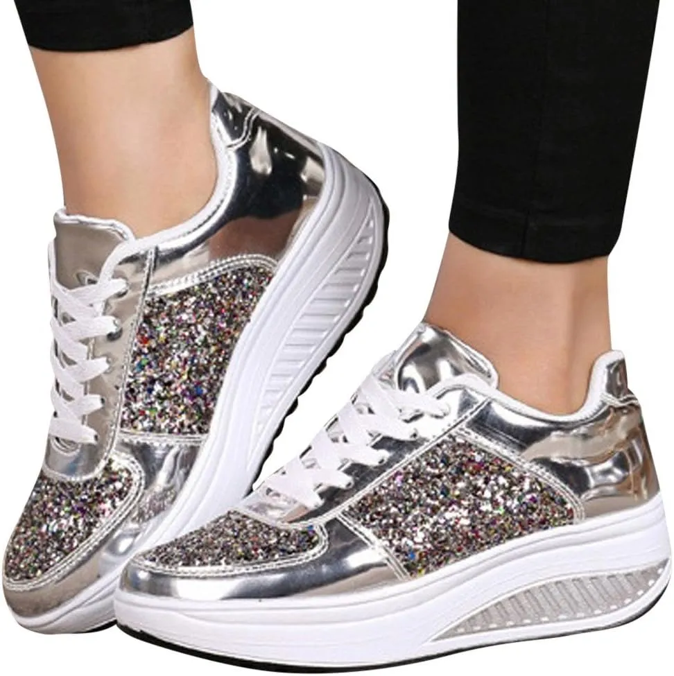 Women's Sequins Sparkly Trainers Women Glitter Lace Up Casual Comfortable Shoes Shiny Sneakers for Wedding Party