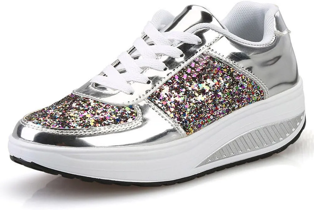 Women's Sequins Sparkly Trainers Women Glitter Lace Up Casual Comfortable Shoes Shiny Sneakers for Wedding Party