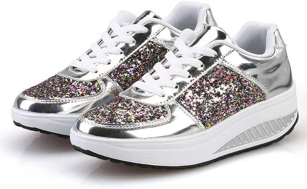Women's Sequins Sparkly Trainers Women Glitter Lace Up Casual Comfortable Shoes Shiny Sneakers for Wedding Party