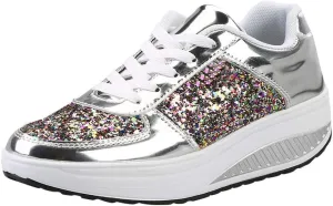 Women's Sequins Sparkly Trainers Women Glitter Lace Up Casual Comfortable Shoes Shiny Sneakers for Wedding Party