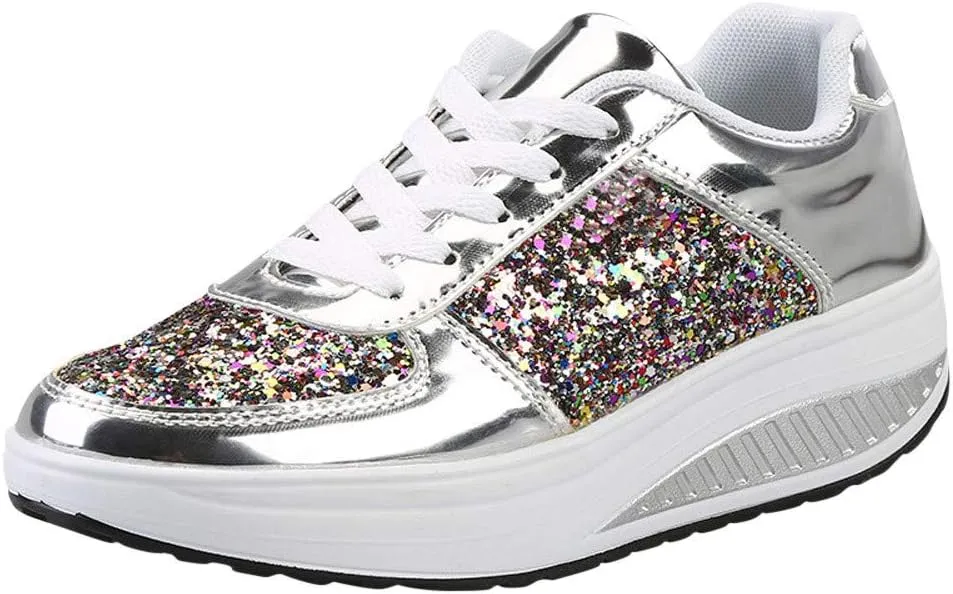 Women's Sequins Sparkly Trainers Women Glitter Lace Up Casual Comfortable Shoes Shiny Sneakers for Wedding Party