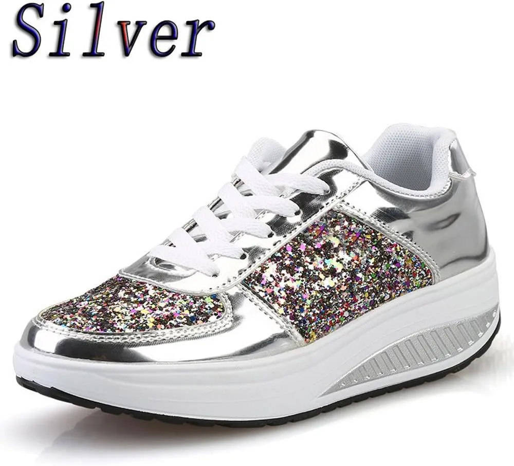 Women's Sequins Sparkly Trainers Women Glitter Lace Up Casual Comfortable Shoes Shiny Sneakers for Wedding Party